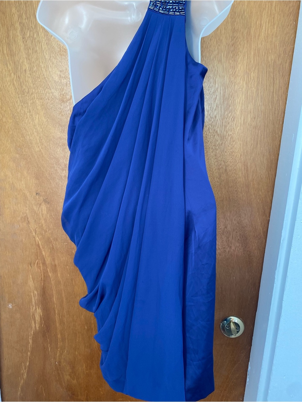 Cache One-Shoulder Beaded Neckline Evening Dress in Cobalt